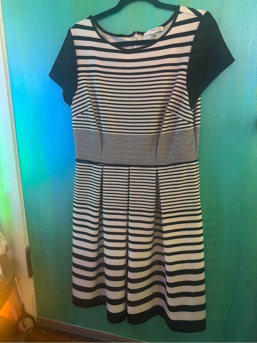Soft and Stretchy White and Black Striped Fit & Flare Dress - Size 12
